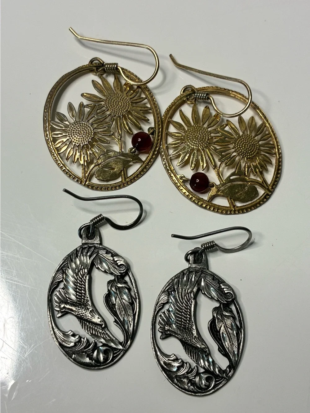 Lot of 2 Signed Dangling Earrings Diamond Cut Eagles  & Golden Beaded Floral EUC